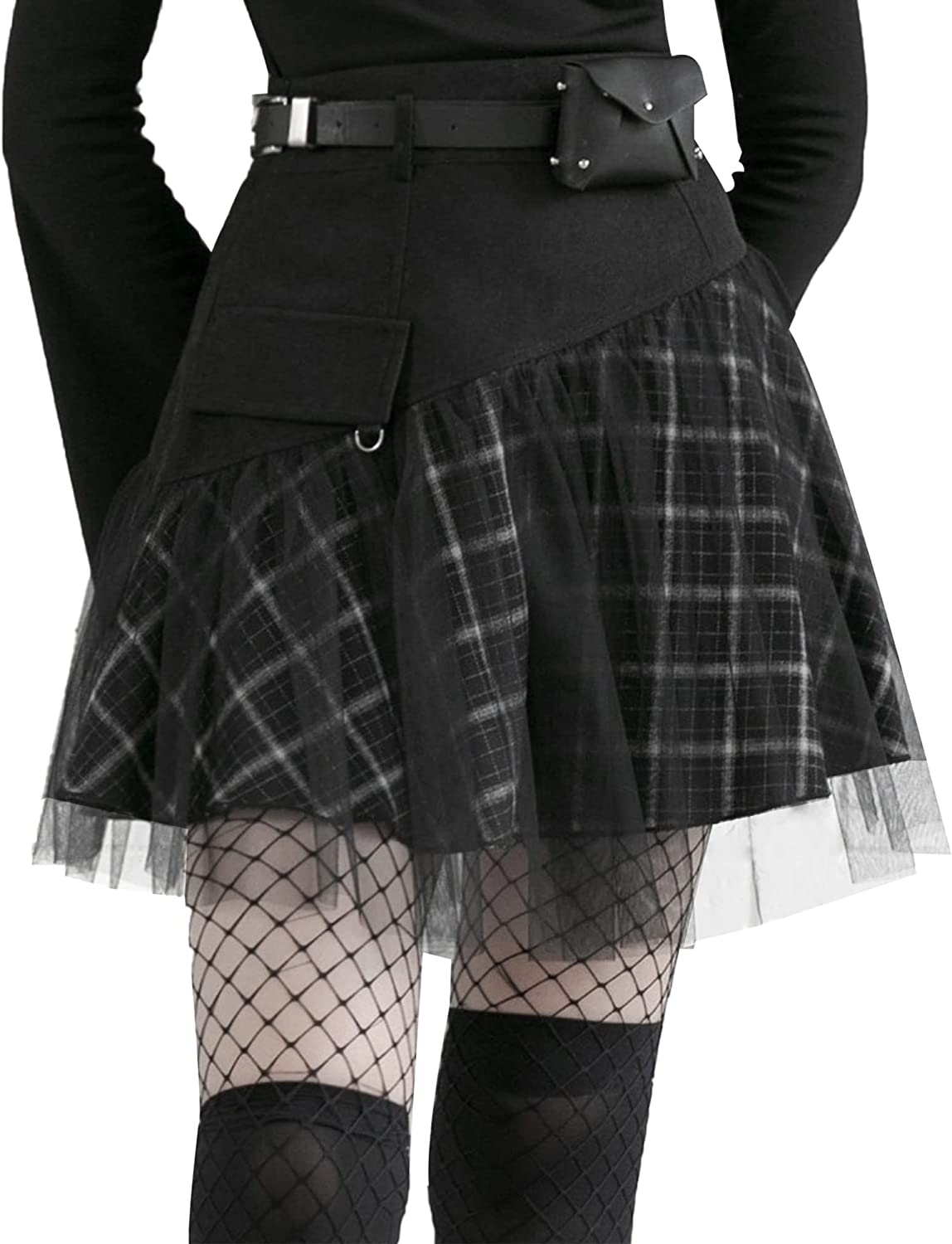 PUNK RAVE DAILY Women Gothic Skirts Women Goth Mini Plaid Skirt with Tulle Punk Dunk High Waist A-Line Party Skirt - Image 1